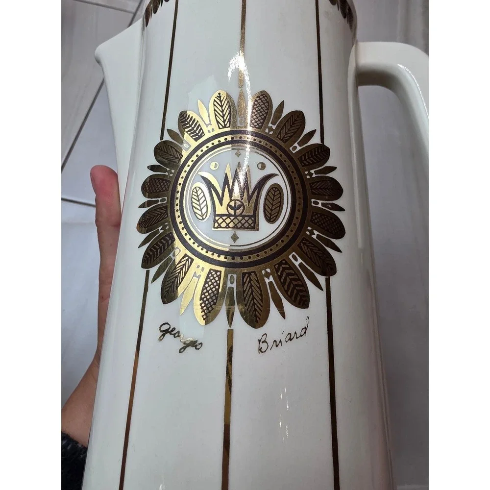 Georges Briard Vintage Mid Century Modern Gold Crown Ceramic Pitcher 9.25